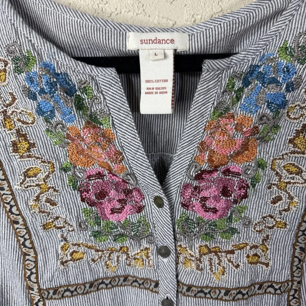 Sundance Striped Floral Embroidered Top Womens Lg Bohemian Peasant Boho Buttons - Picture 3 of 10